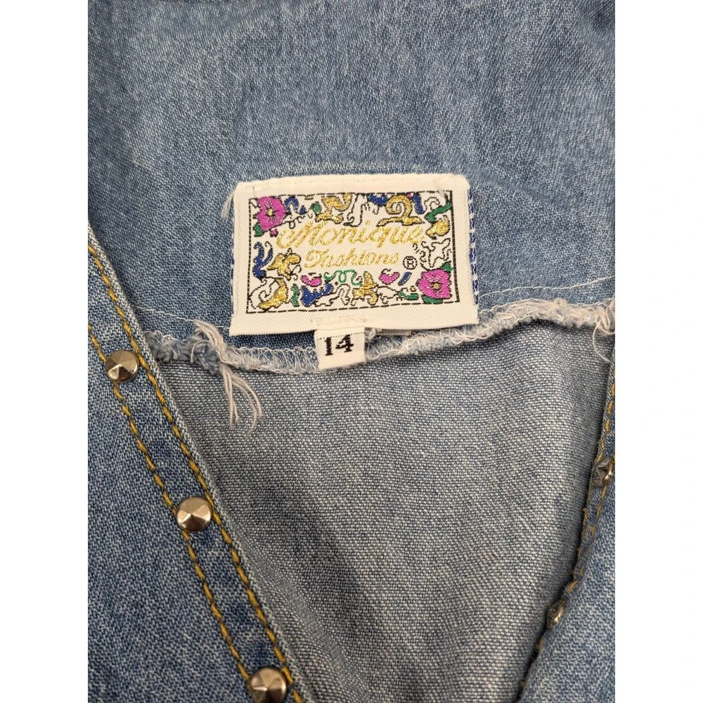 Monique Fashions Vintage Denim Duster Dress Studded Embroidered Light Wash Sz 14